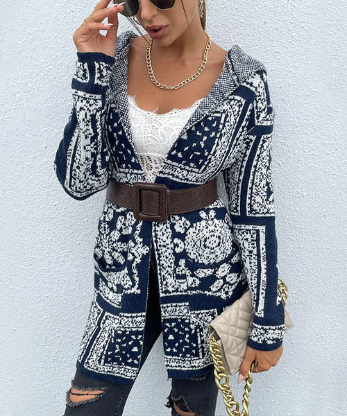 Floral pattern hooded cardigan