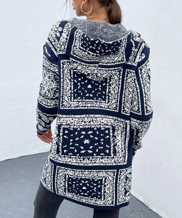 Floral pattern hooded cardigan