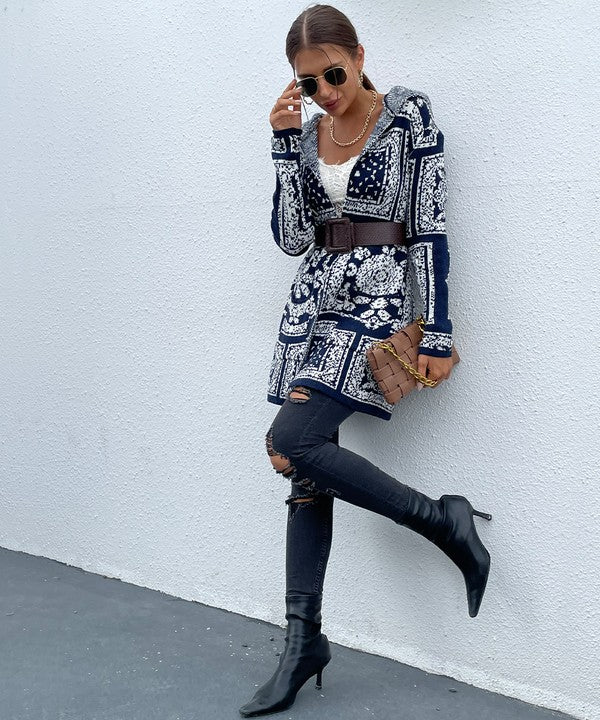 Floral pattern hooded cardigan