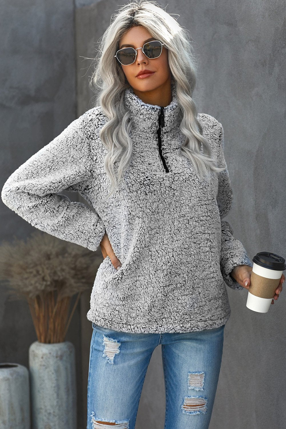 Zipped Turn Down Collar Plush Sweatshirt