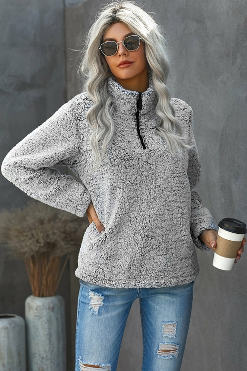 Zipped Turn Down Collar Plush Sweatshirt