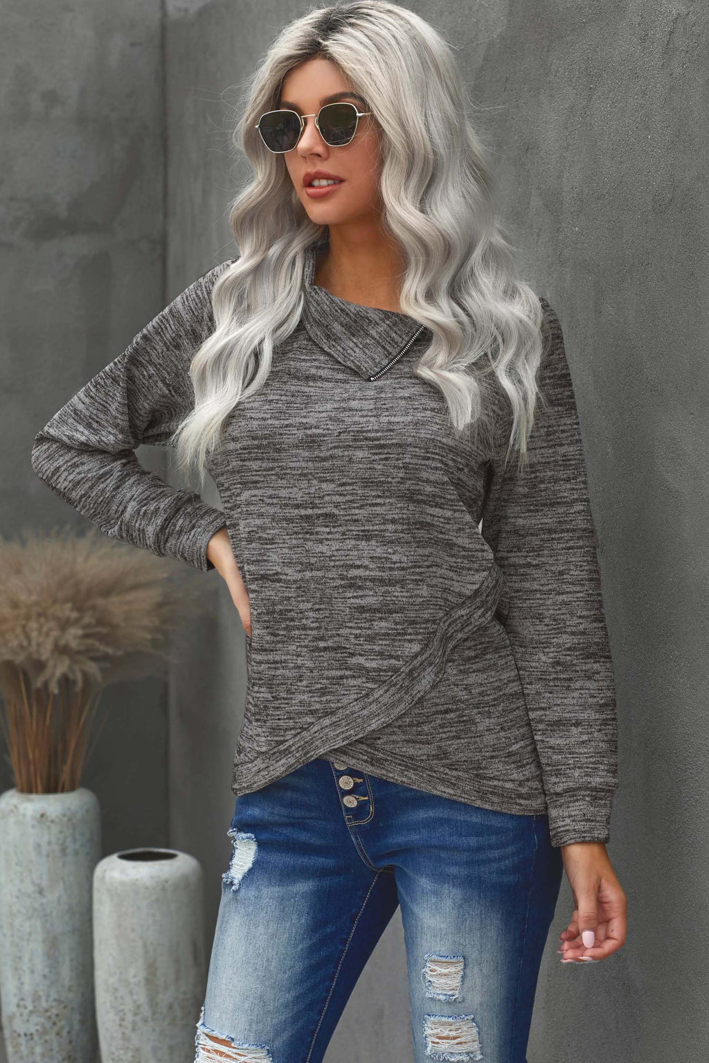 High Neck Zipper Blue Sweatshirt