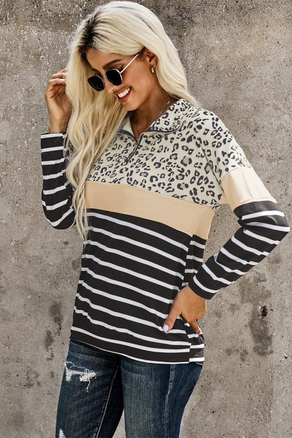 Khaki Leopard Striped Camo Zip Collar Pullover Sweatshirt