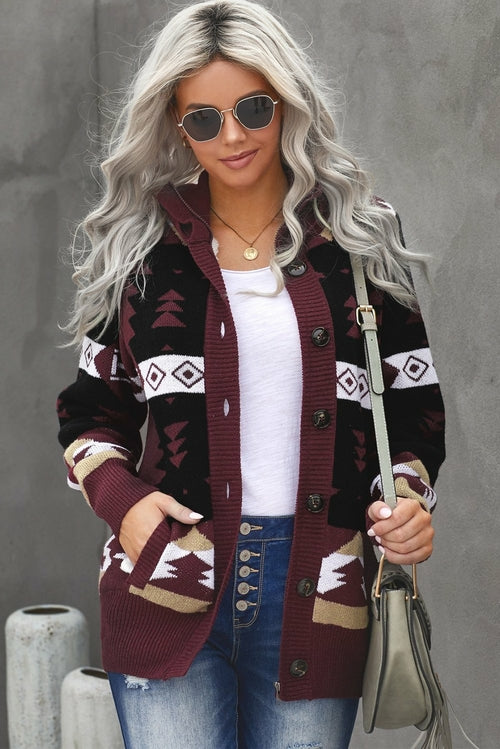 Retro Jacquard Pattern Buttoned Front Hooded Sweater