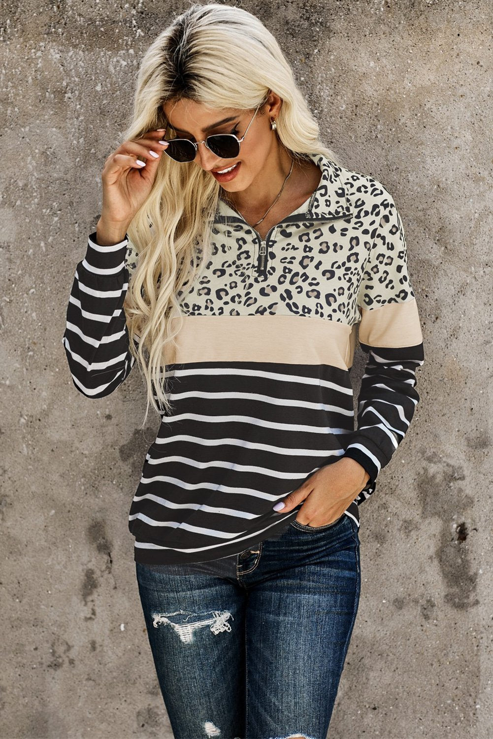 Khaki Leopard Striped Camo Zip Collar Pullover Sweatshirt