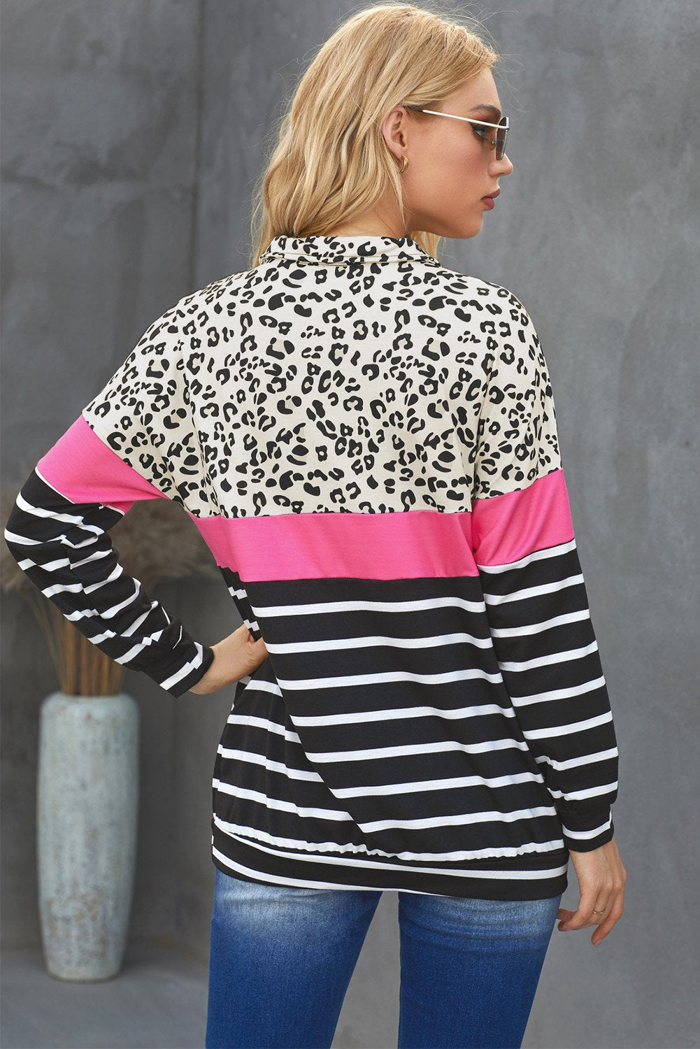 Khaki Leopard Striped Camo Zip Collar Pullover Sweatshirt