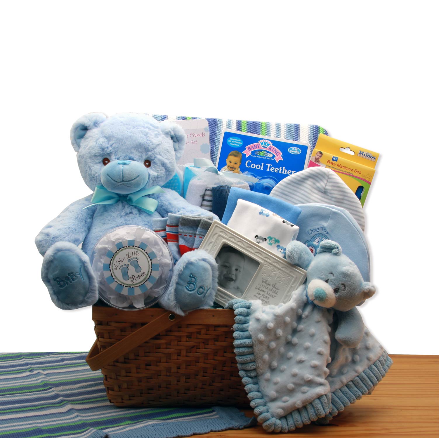 My First Teddy Bear New Baby Gift Basket - Blue-  baby boy gift basket