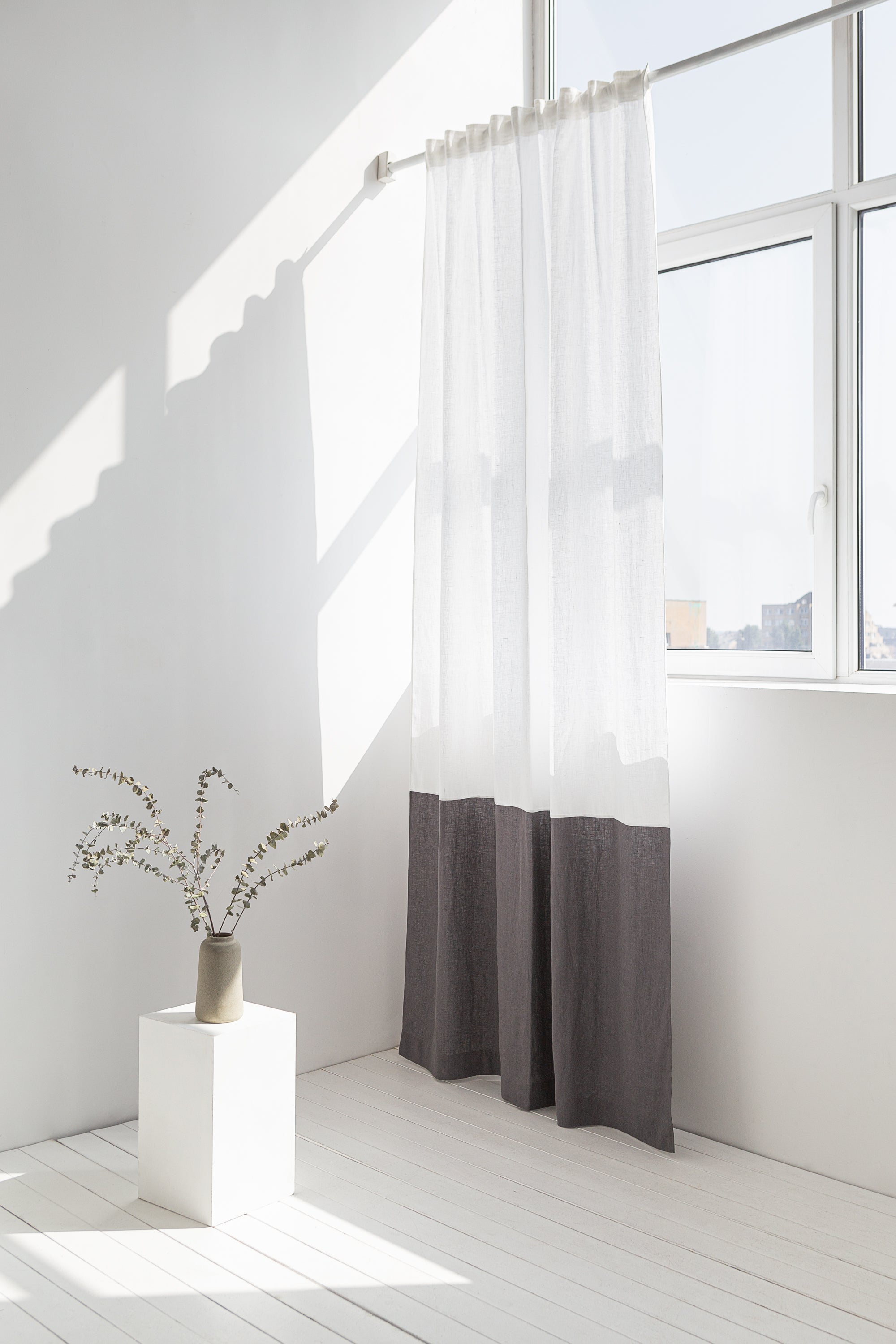Snow White and Grey linen curtains with tape, two tones