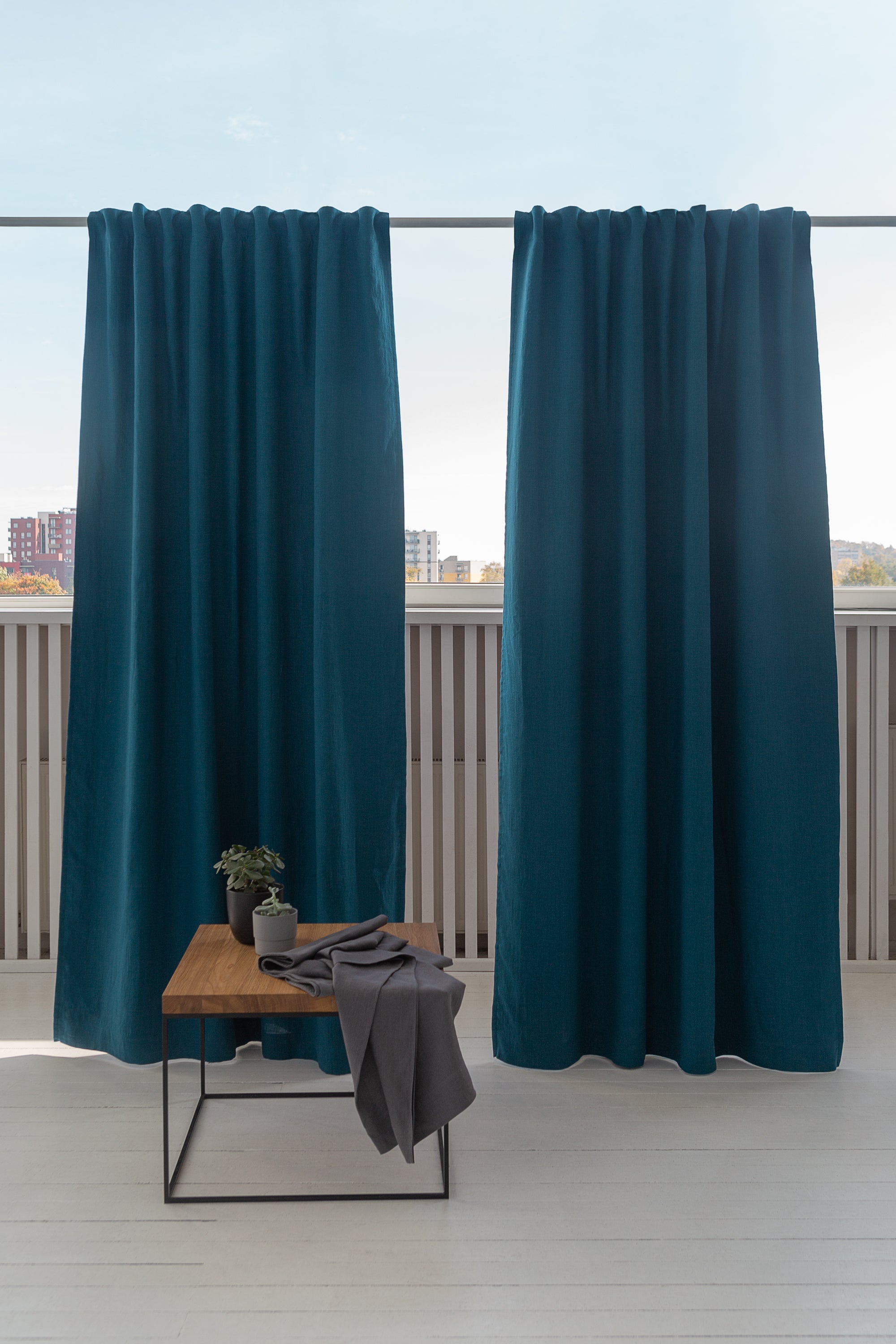 Dark Sea Blue linen curtain with blackout, tape