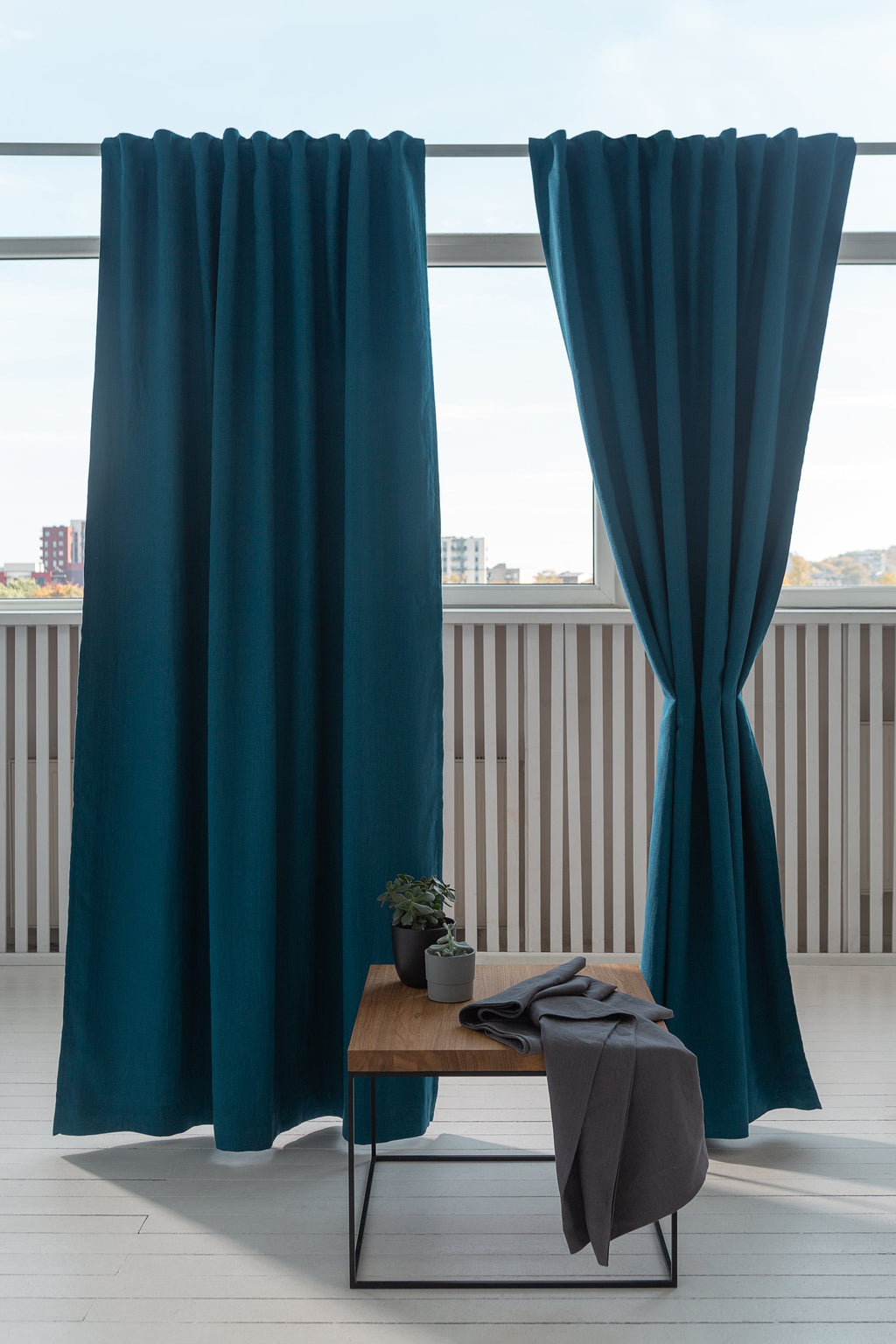 Dark Sea Blue linen curtain with blackout, tape