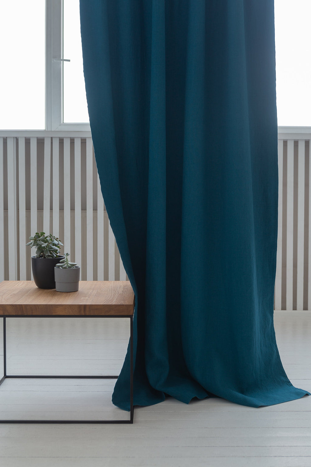 Dark Sea Blue linen curtain with blackout, tape