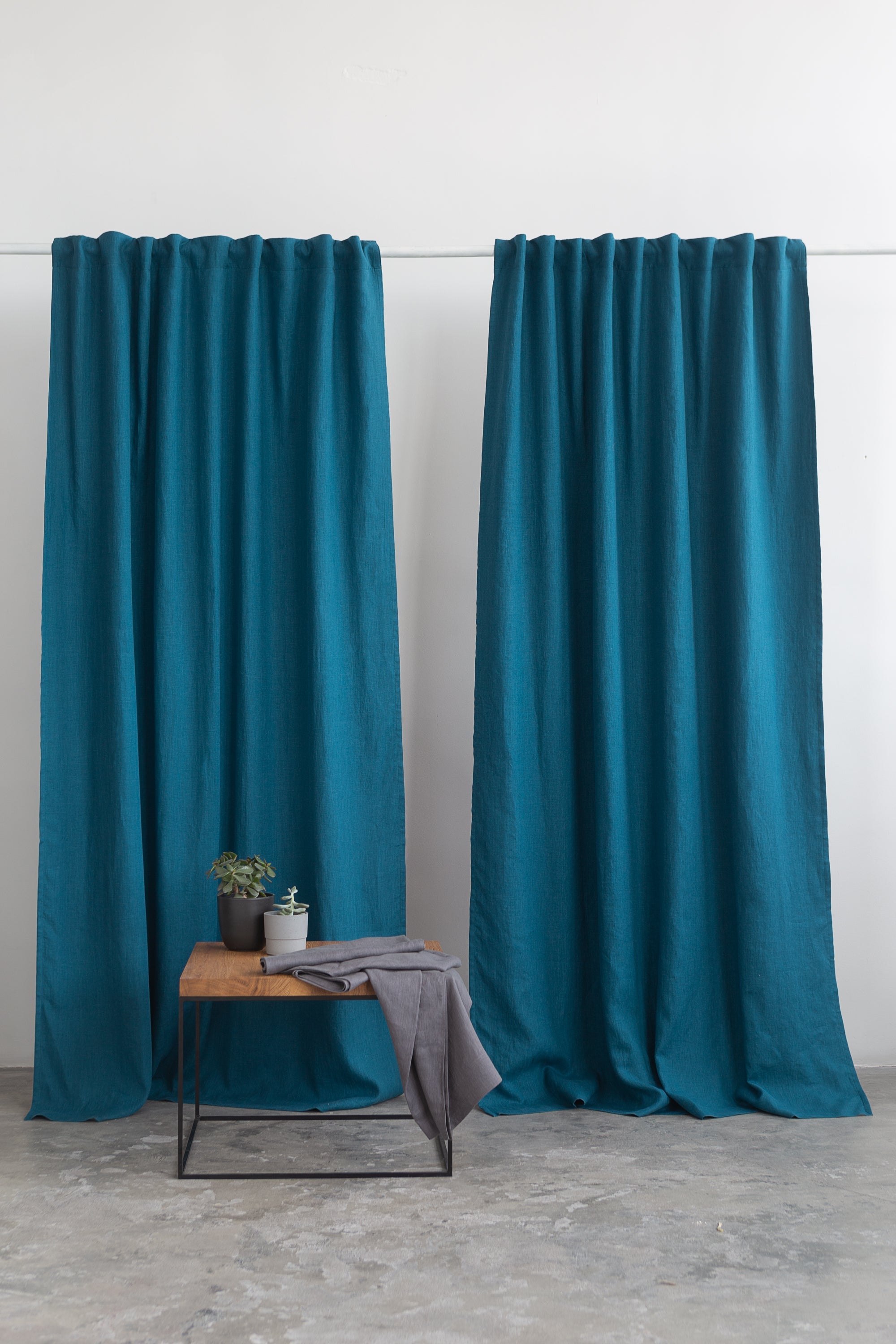 Dark Sea Blue linen curtain with blackout, tape