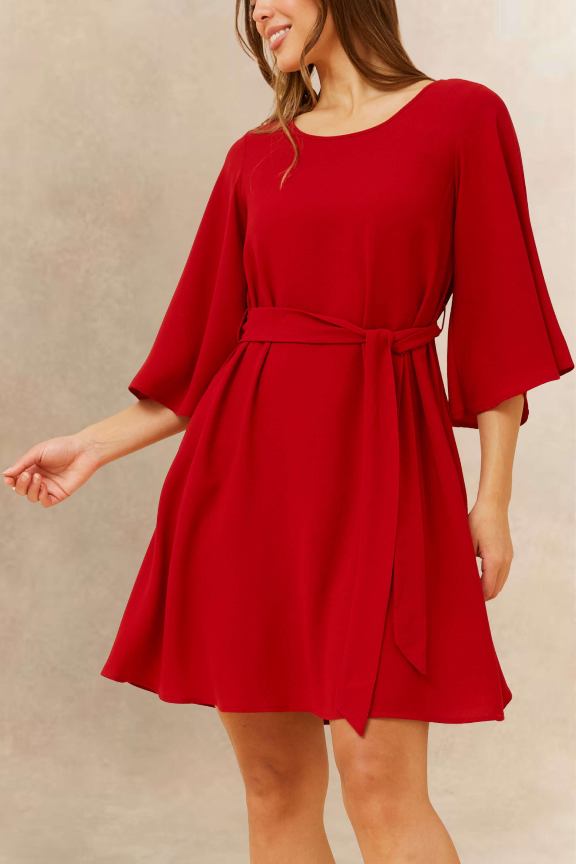 Red Dress Wide Sleeves Tie Belt