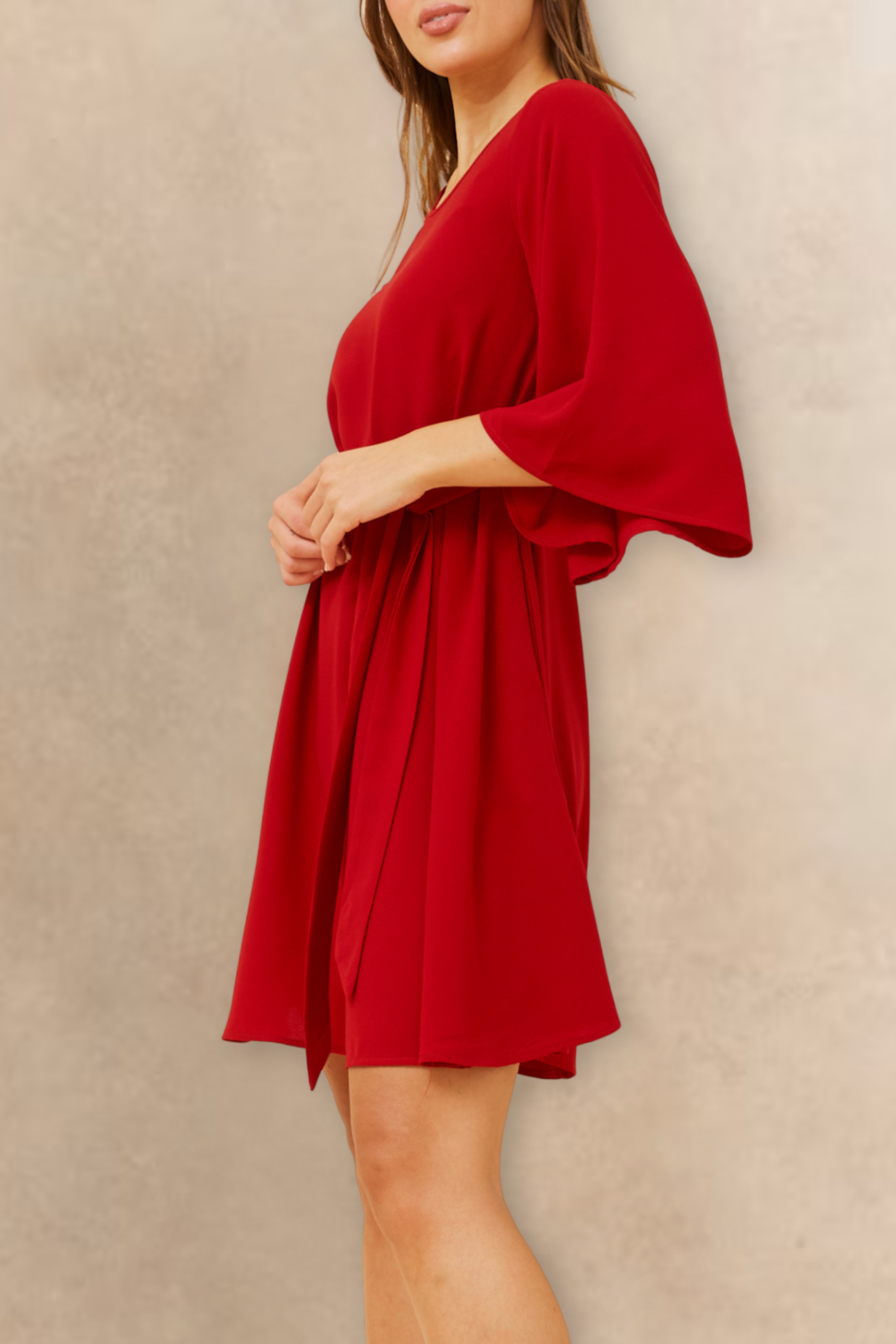 Red Dress Wide Sleeves Tie Belt