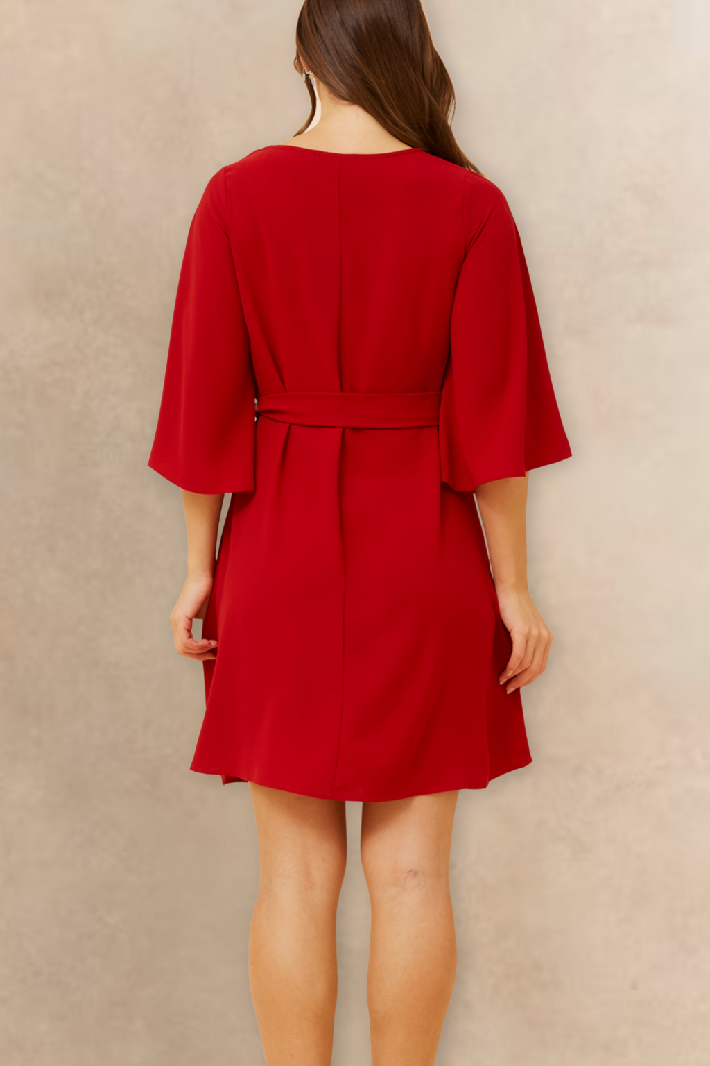Red Dress Wide Sleeves Tie Belt