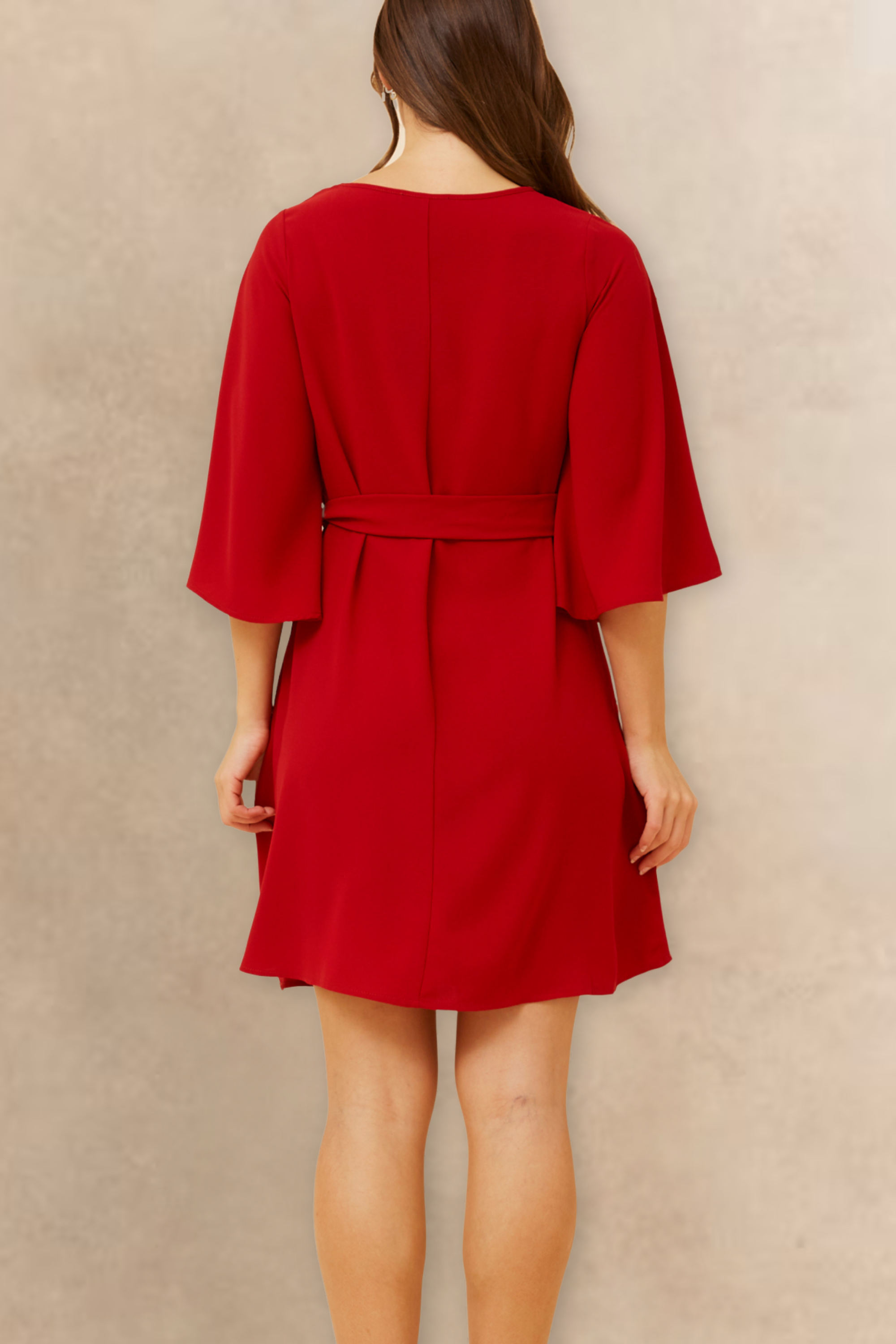 Red Dress Wide Sleeves Tie Belt