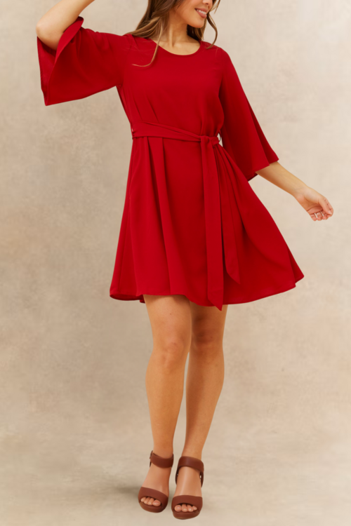 Red Dress Wide Sleeves Tie Belt