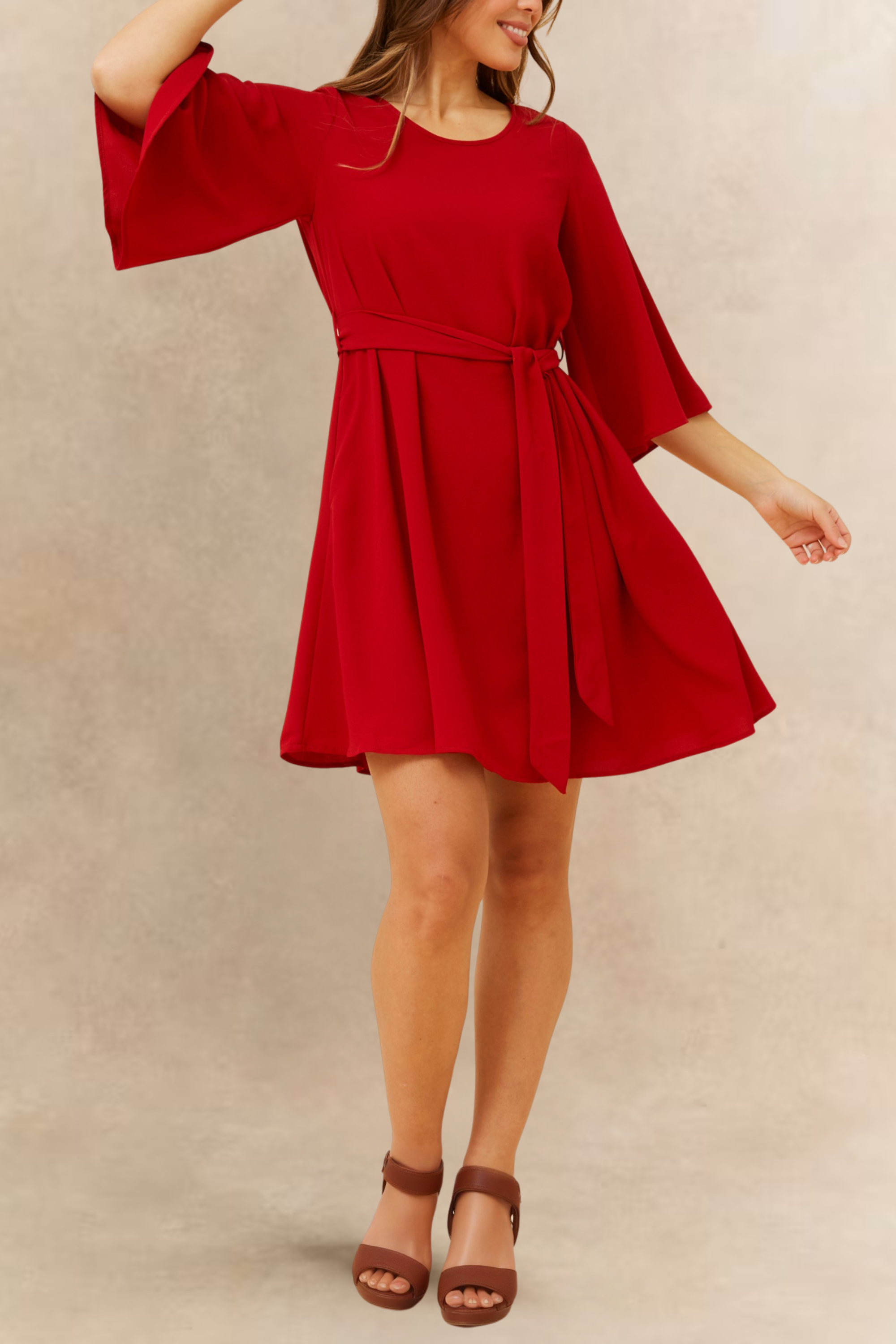 Red Dress Wide Sleeves Tie Belt