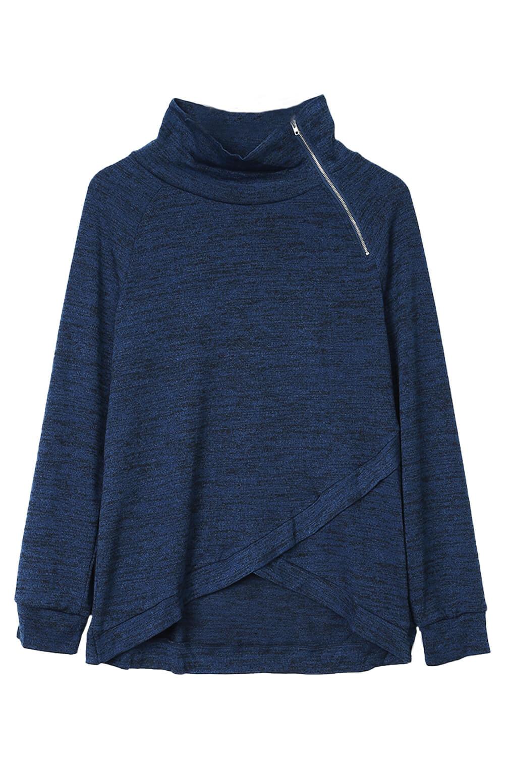 High Neck Zipper Blue Sweatshirt