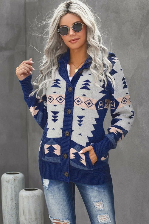 Retro Jacquard Pattern Buttoned Front Hooded Sweater
