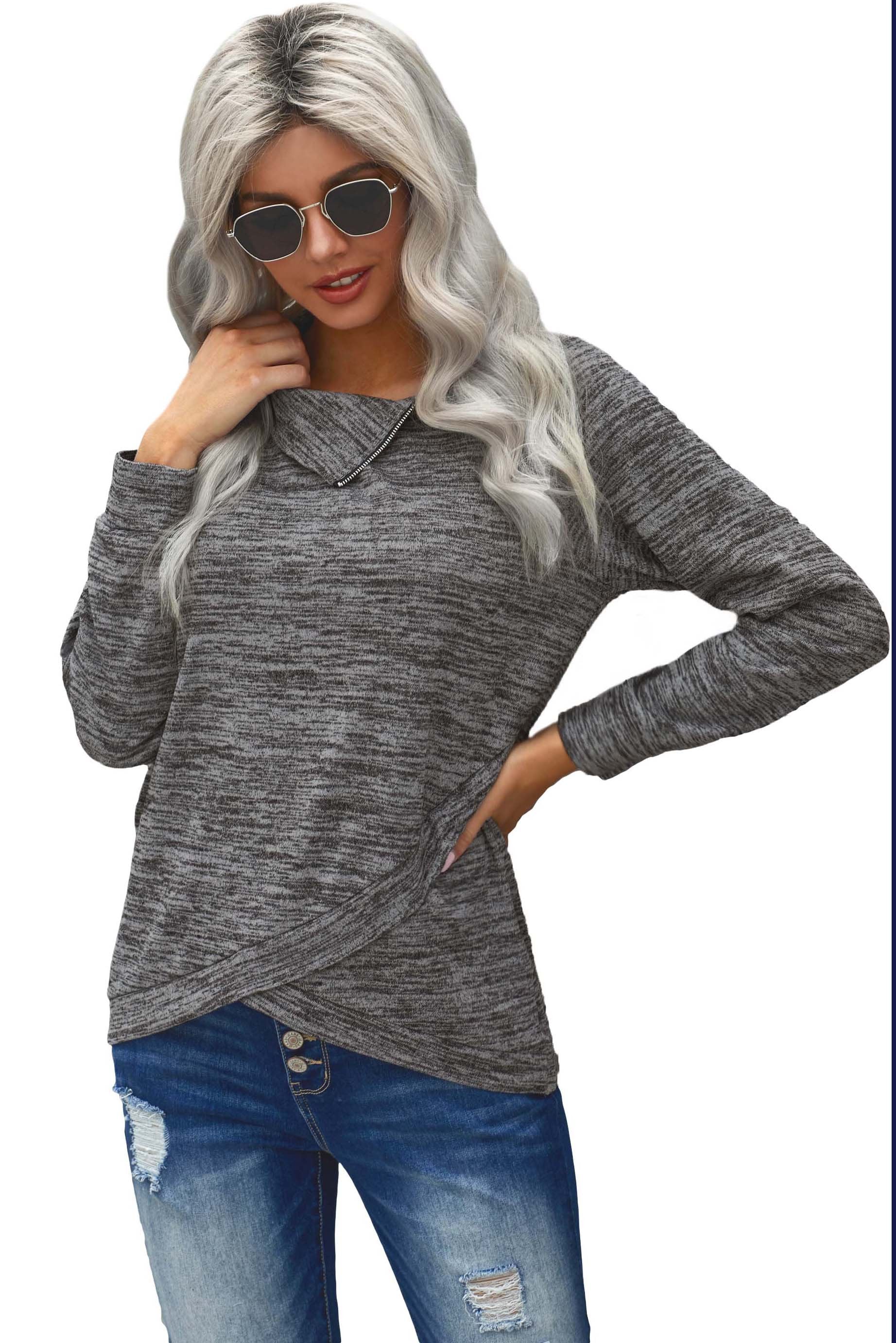 High Neck Zipper Blue Sweatshirt