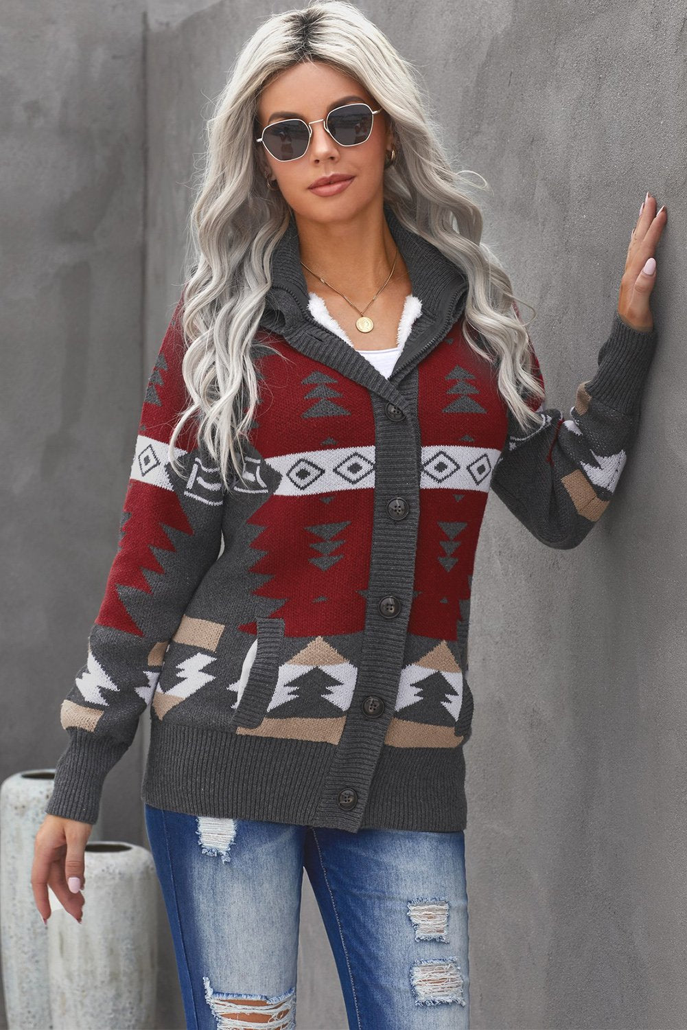 Retro Jacquard Pattern Buttoned Front Hooded Sweater