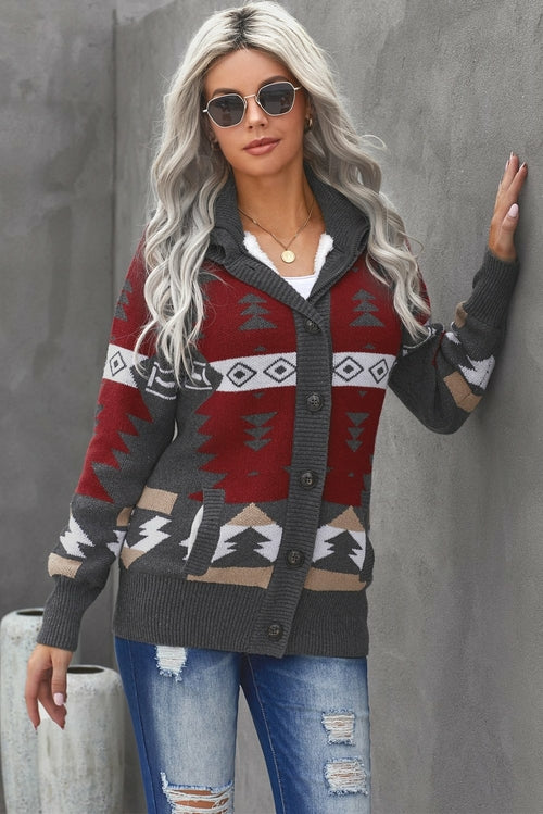 Retro Jacquard Pattern Buttoned Front Hooded Sweater