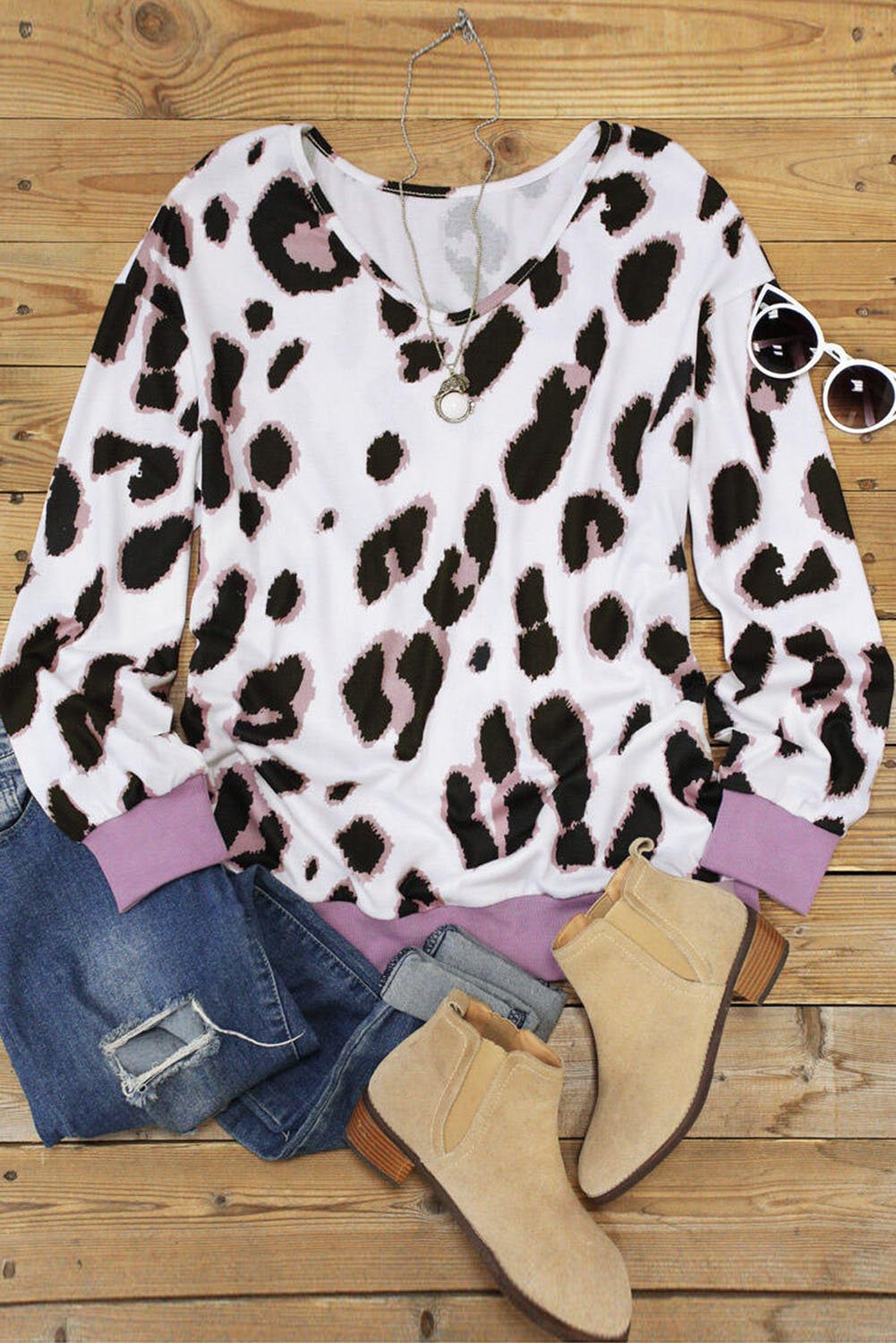 V-Neck Leopard Print Dropped Long Sleeve Sweatshirt