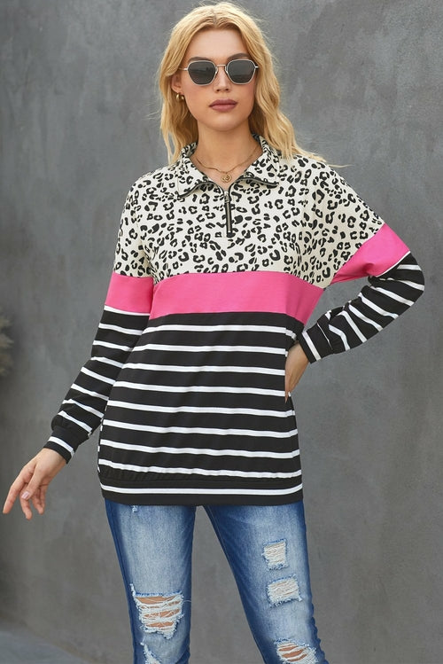 Khaki Leopard Striped Camo Zip Collar Pullover Sweatshirt