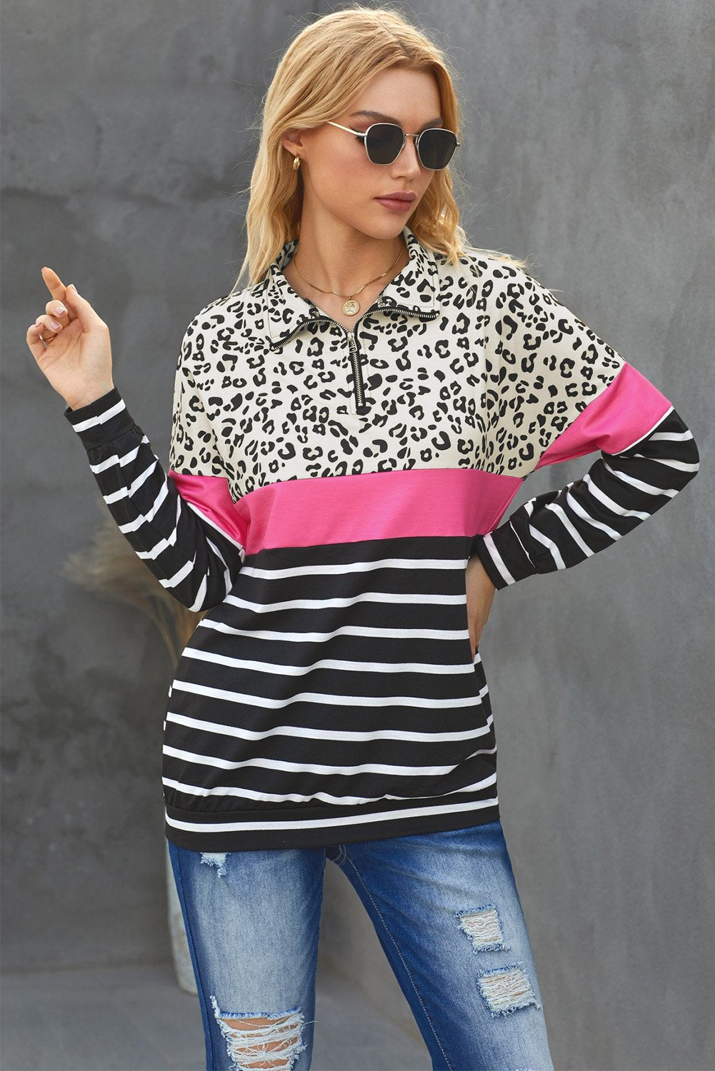 Khaki Leopard Striped Camo Zip Collar Pullover Sweatshirt