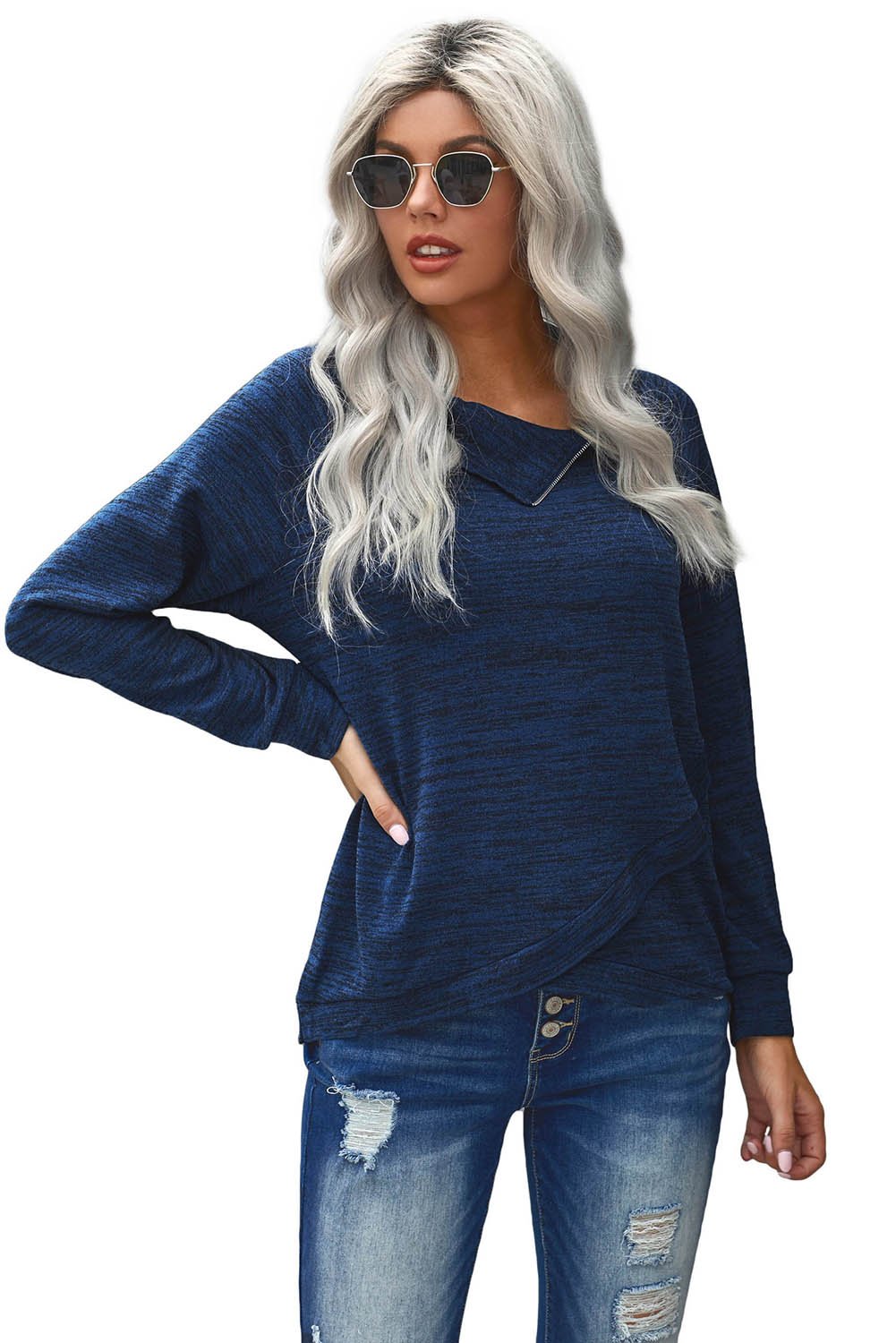 High Neck Zipper Blue Sweatshirt