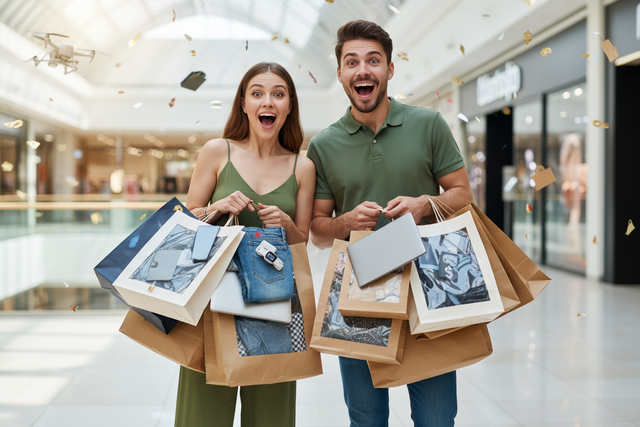 wow expression girl and boy carrying bags inside bags cloths and tech goods